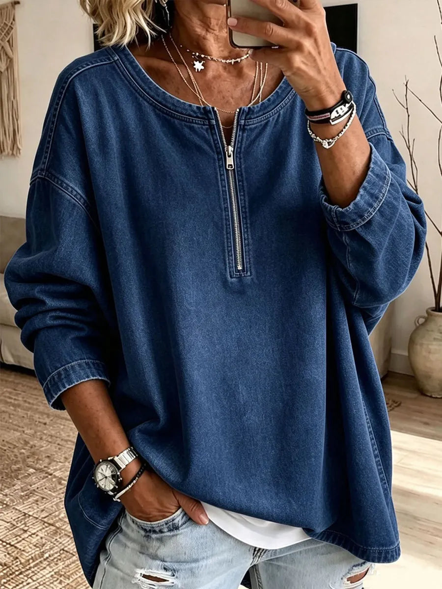 Women'S Effortless Oversize Denim Half-Zip Hoodie
