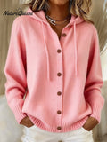 Women's Casual Retro Solid Color Knitted Hooded Cardigan