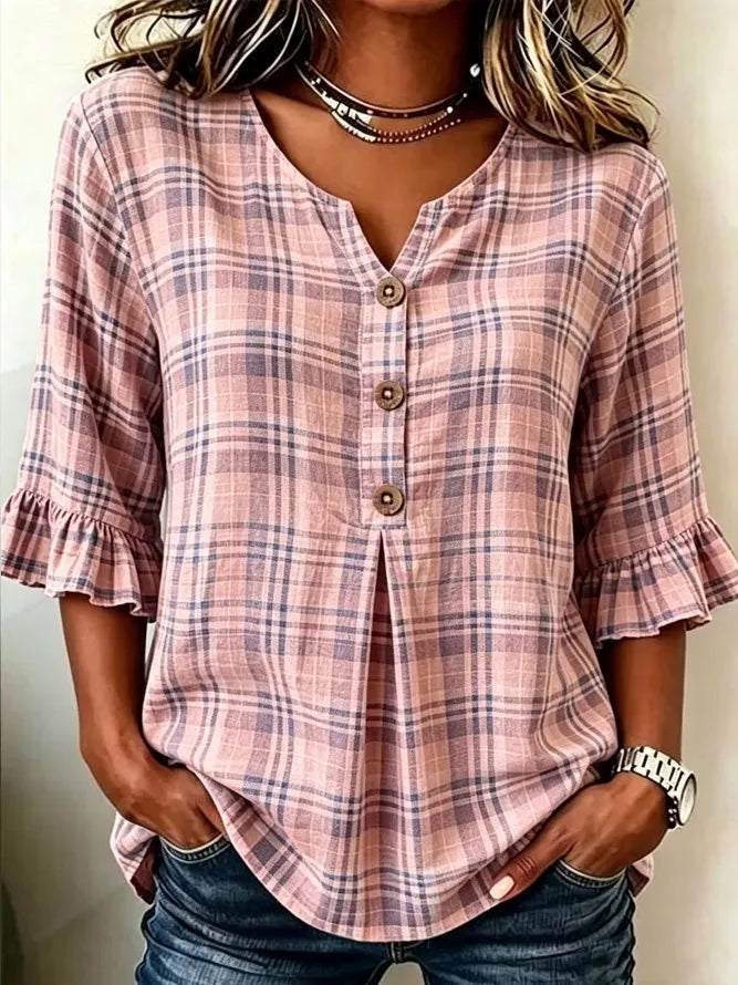 Women Plaid V Neck Half Sleeve Blouse Casual Daily Summer Top