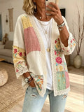 Retro Patchwork Floral V-Neck Cardigan with Lace Trim
