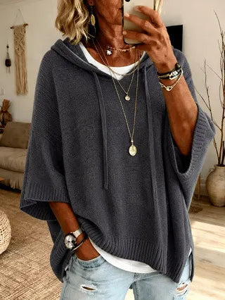 Women's Loose-Fit Knitted Hoodie With Drawstring