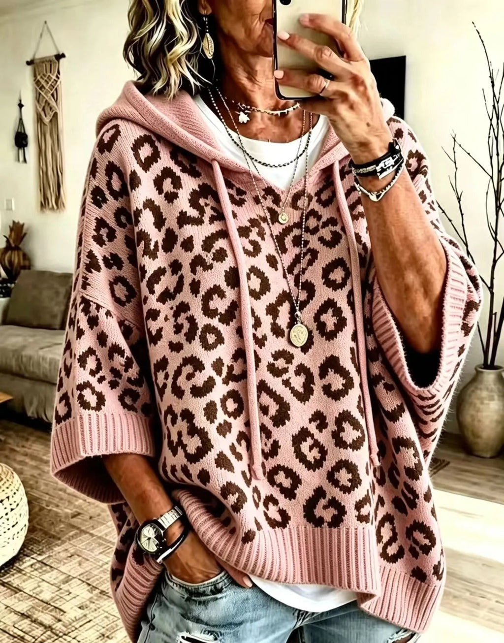 Women's Loose-Fit Leopard Print Knitted Hoodie With Drawstring