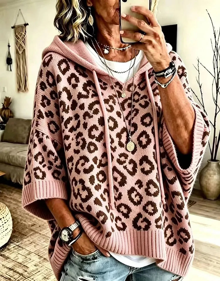 Women's Loose-Fit Leopard Print Knitted Hoodie With Drawstring