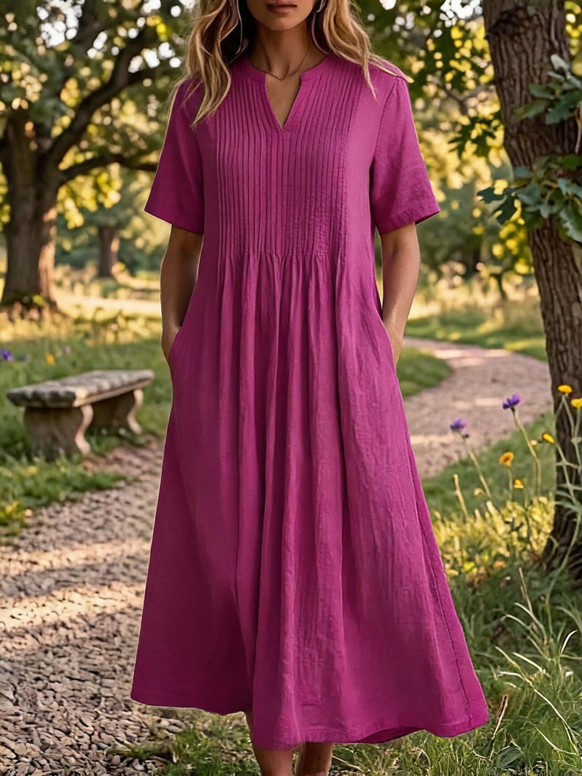 🔥 Women'S V-Neck Short-Sleeved Pleated Cotton-Linen Dress