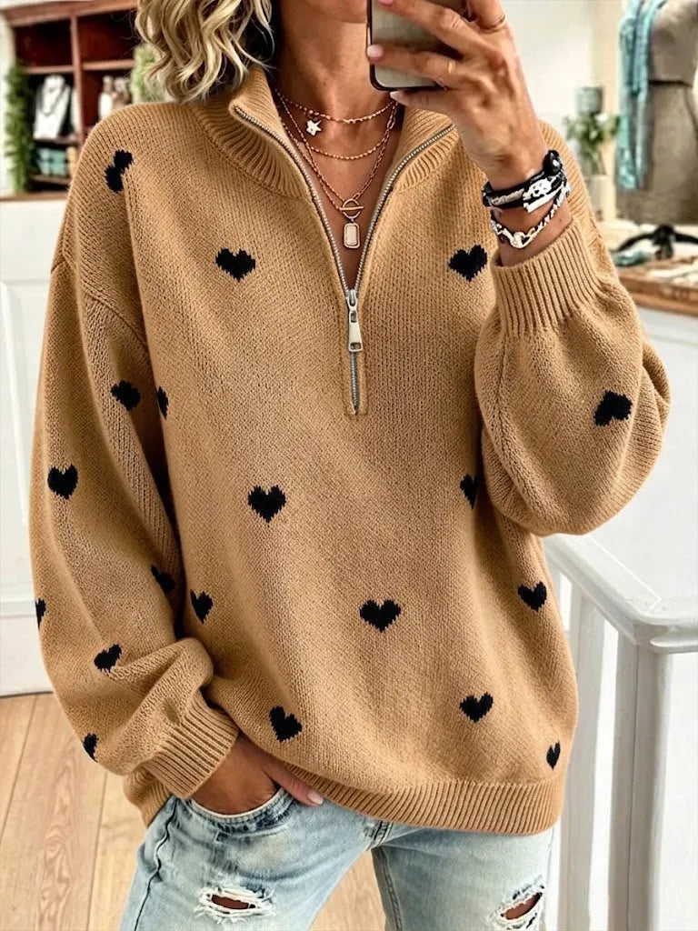 Women'S Cozy Half-zip Knit Pullover With Heart Pattern