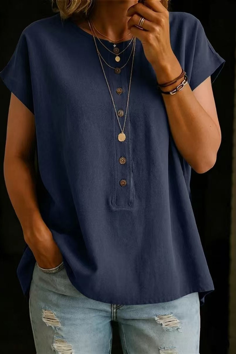 Button-Down Solid Color Elegant Retro Fashion Round Neck Short Sleeve