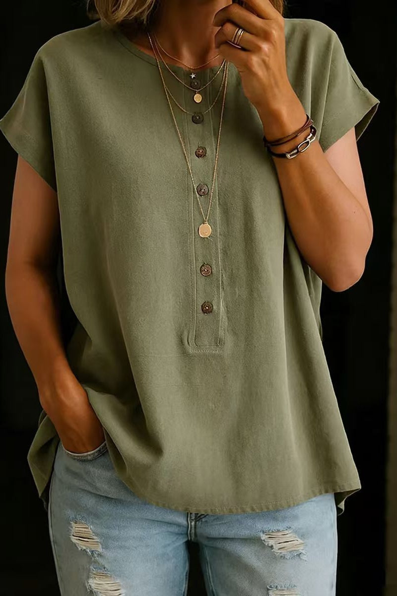 Button-Down Solid Color Elegant Retro Fashion Round Neck Short Sleeve