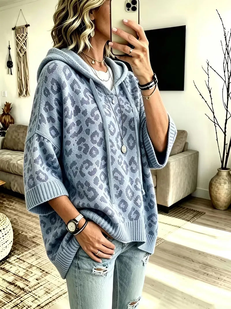 Women's Loose-Fit Leopard Print Knitted Hoodie With Drawstring