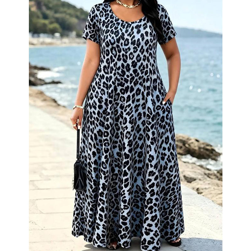 Women’s Leopard Print Maxi Dress with Pockets - Casual Short Sleeve Long Dress