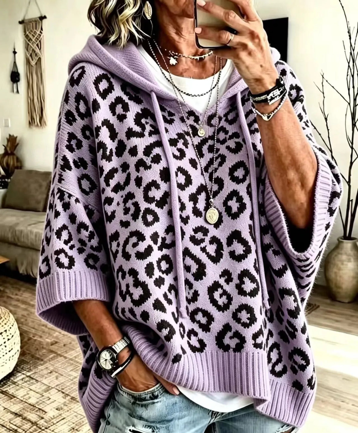 Women's Loose-Fit Leopard Print Knitted Hoodie With Drawstring
