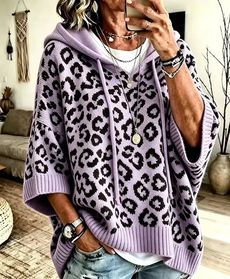 Women's Loose-Fit Leopard Print Knitted Hoodie With Drawstring