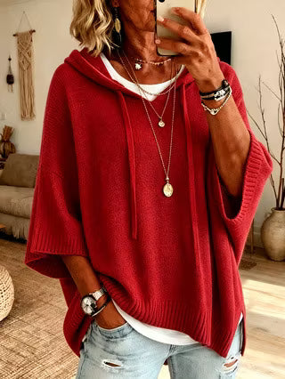 Women's Oversized Batwing Knit Hoodie Sweater – Cozy Casual Pullover Top