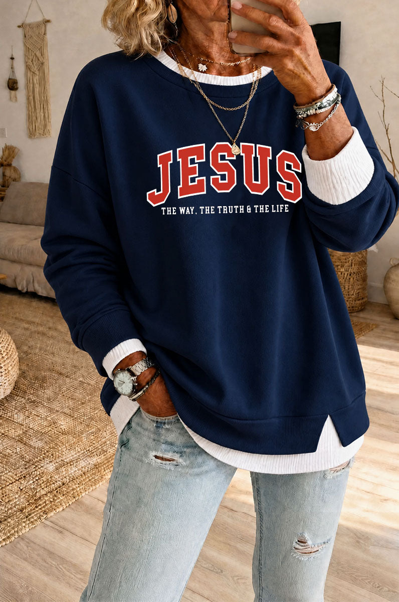 Women's Jesus Pattern Fake Two Piece Layered Sweatshirt
