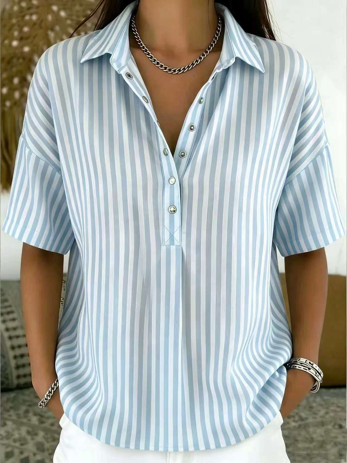 Women‘s Casual Striped Polo Collar Snap Buttons Cotton-linen Shirt