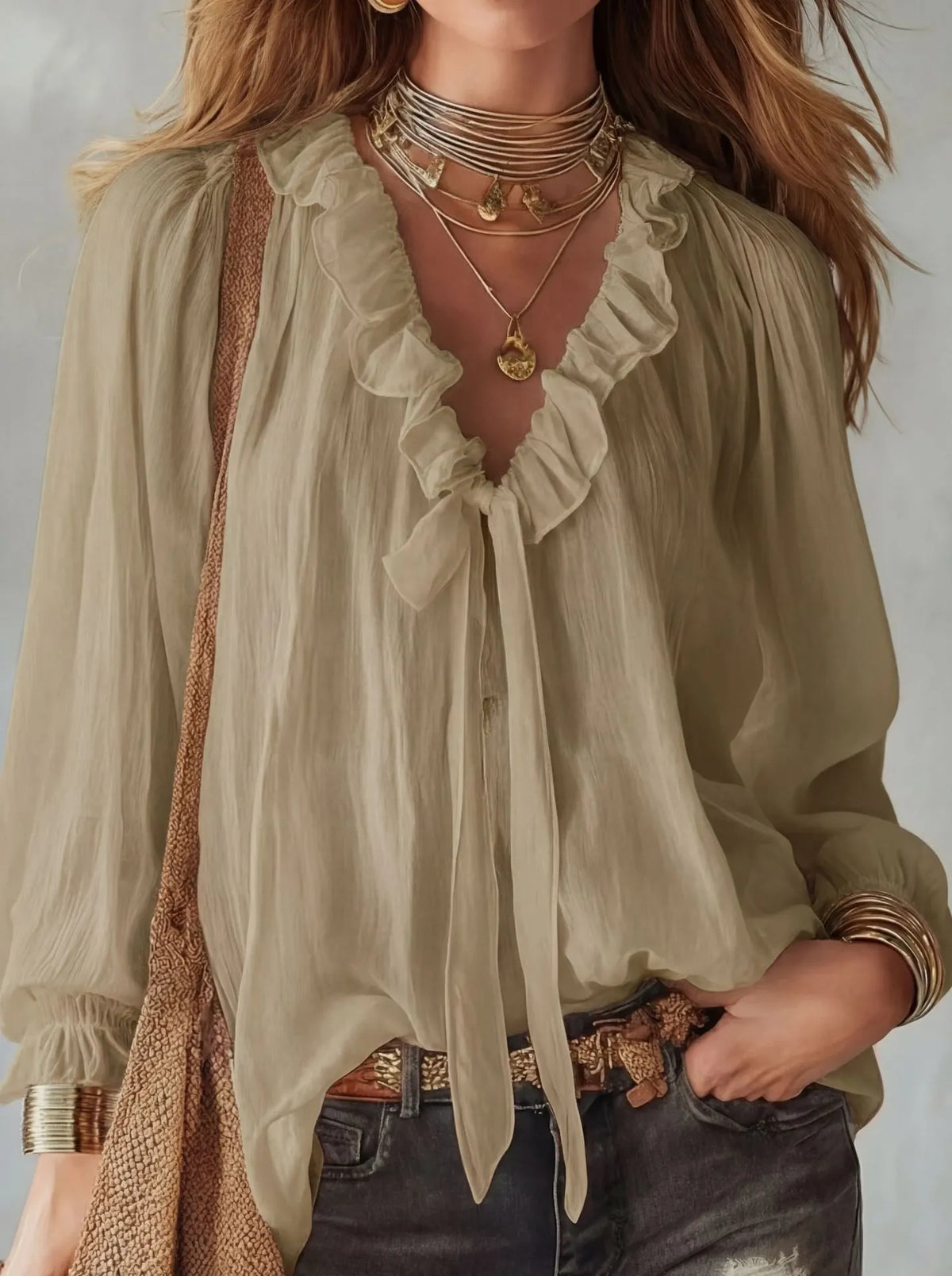 Women'S White Shirt With A Tie-Neck And Ruffle Details