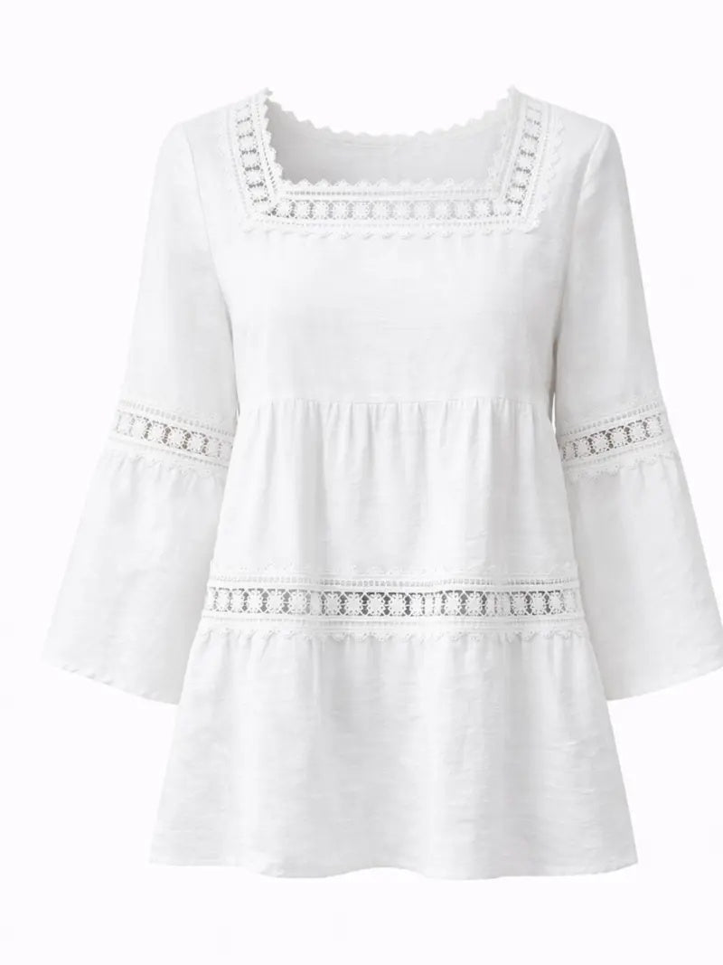 Women'S White Boho Blouse Crochet Lace Trim Bell Sleeve Tiered Flowy Top
