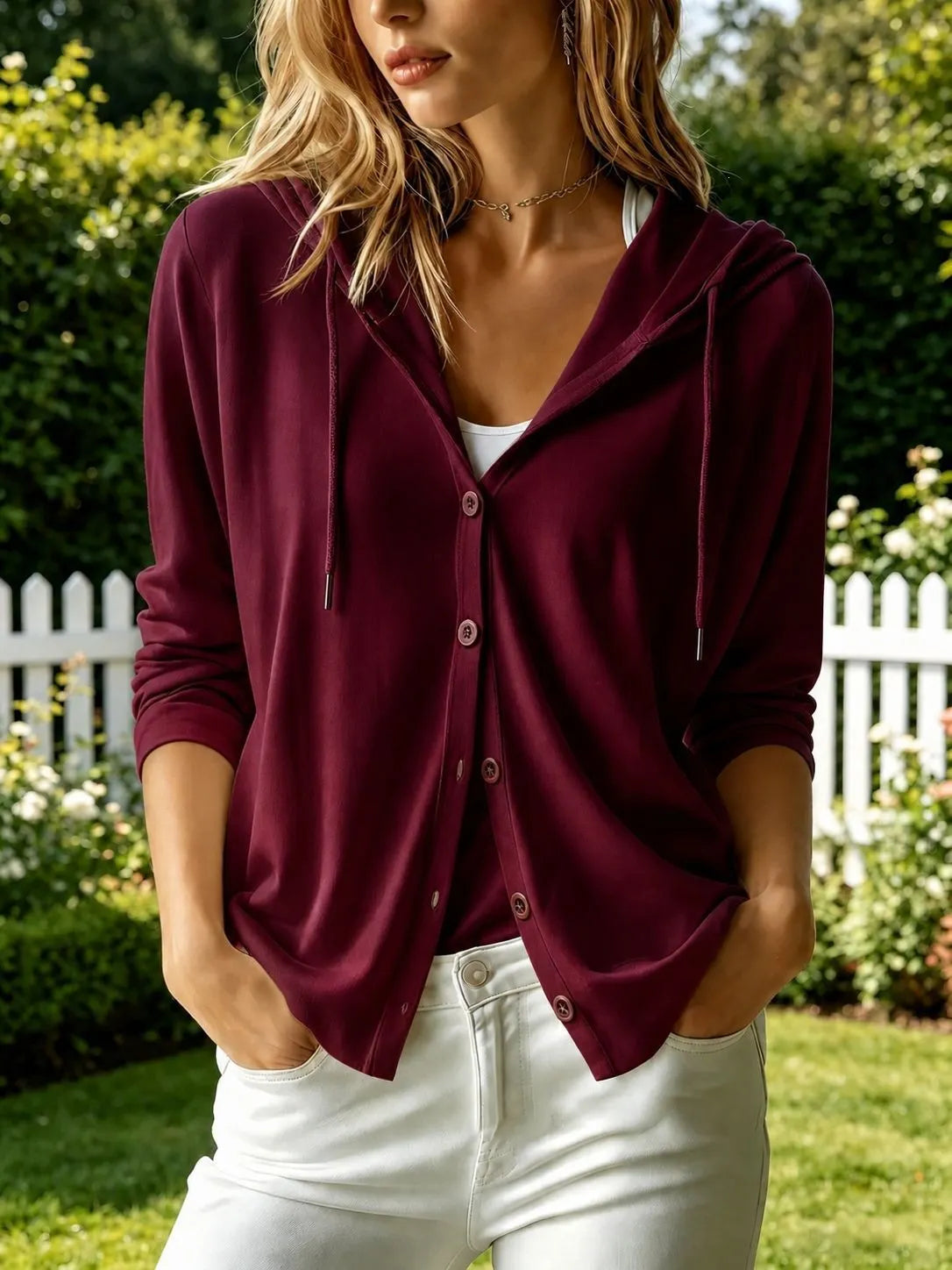 Women'S Solid-Color Cardigan With Hood
