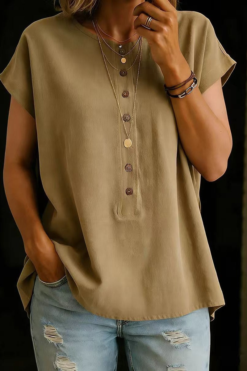 Button-Down Solid Color Elegant Retro Fashion Round Neck Short Sleeve