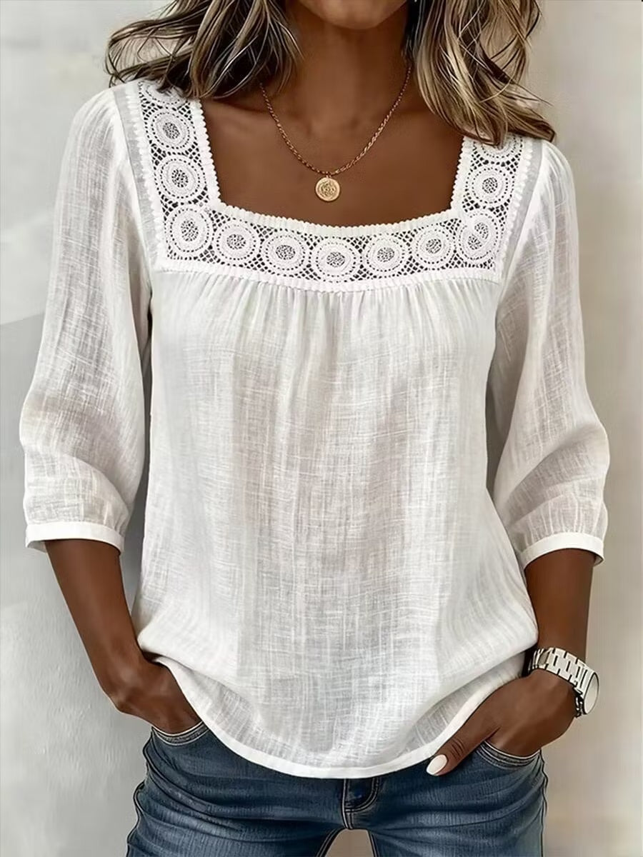 Lace Patchwork Blouse With A Square Neckline