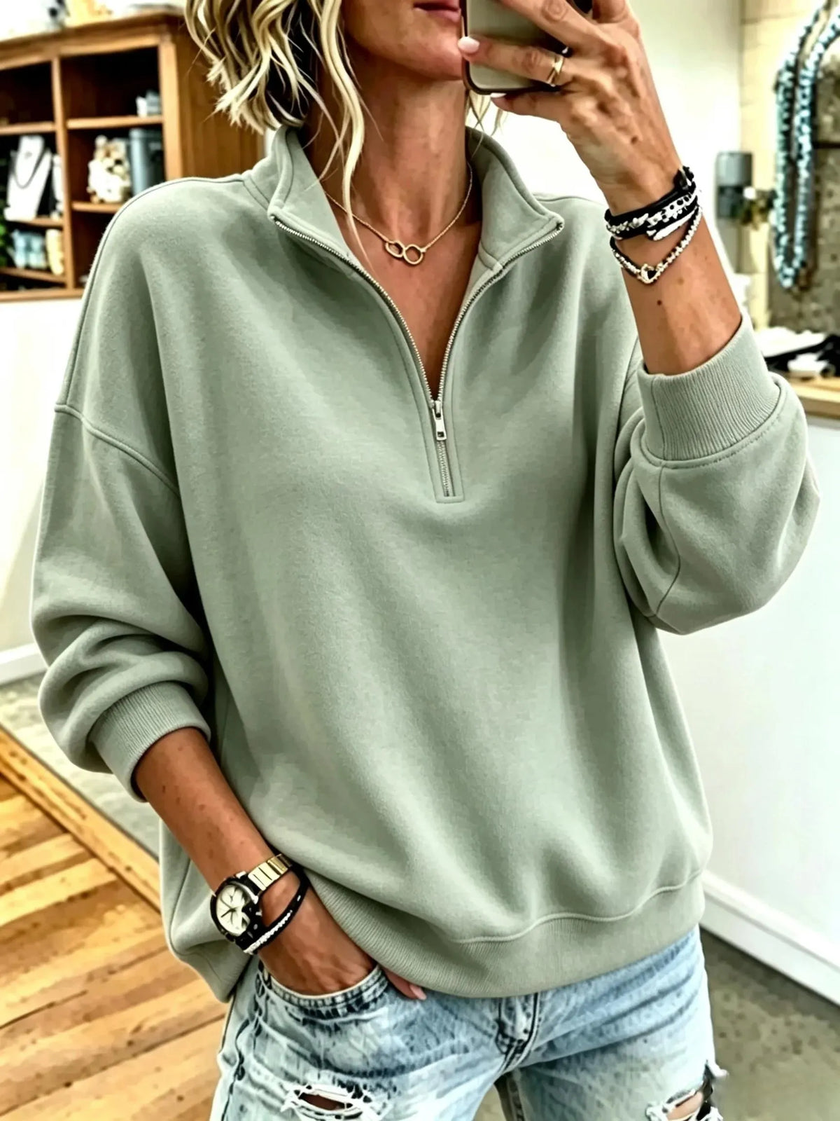 Women Plain Stand Collar Casual Spring/Fall Long Sleeve Sweatshirt