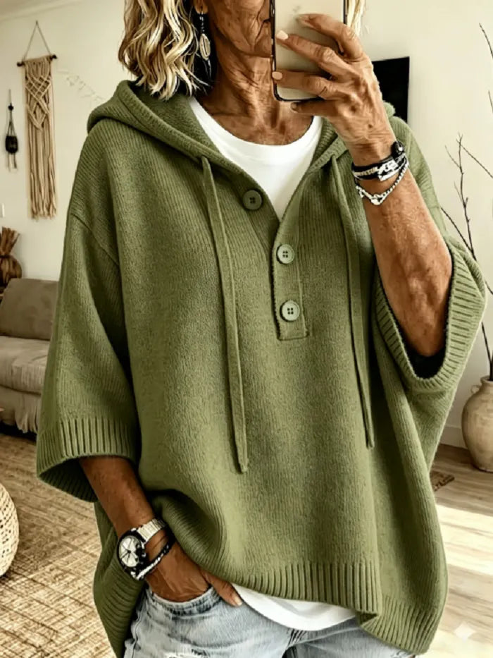 Women's Loose-Fit Stripe Knitted Hoodie With Drawstring