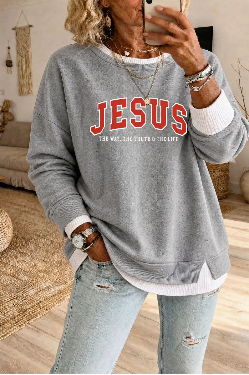 Women's Jesus Pattern Fake Two Piece Layered Sweatshirt