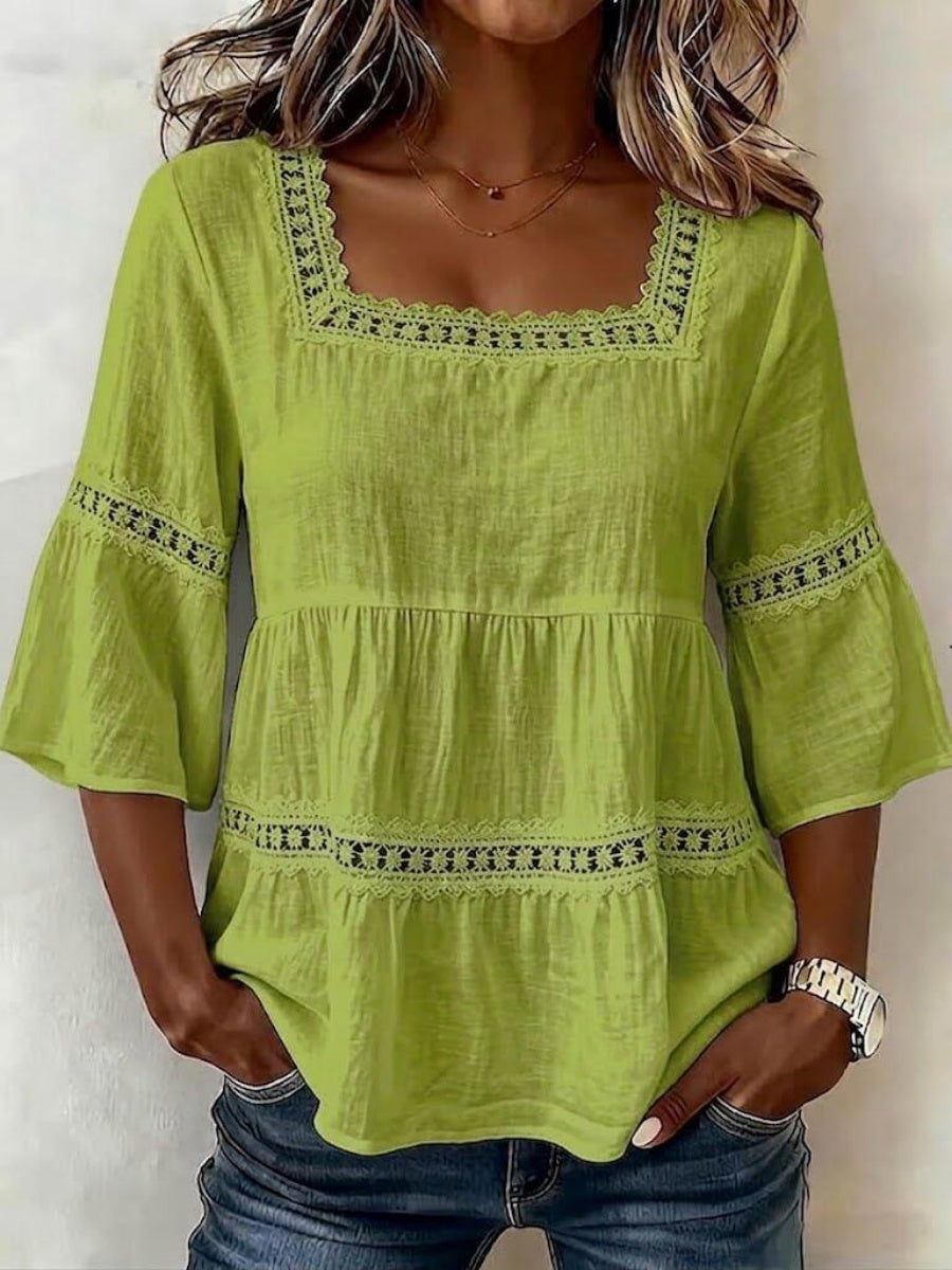 Women'S White Boho Blouse Crochet Lace Trim Bell Sleeve Tiered Flowy Top