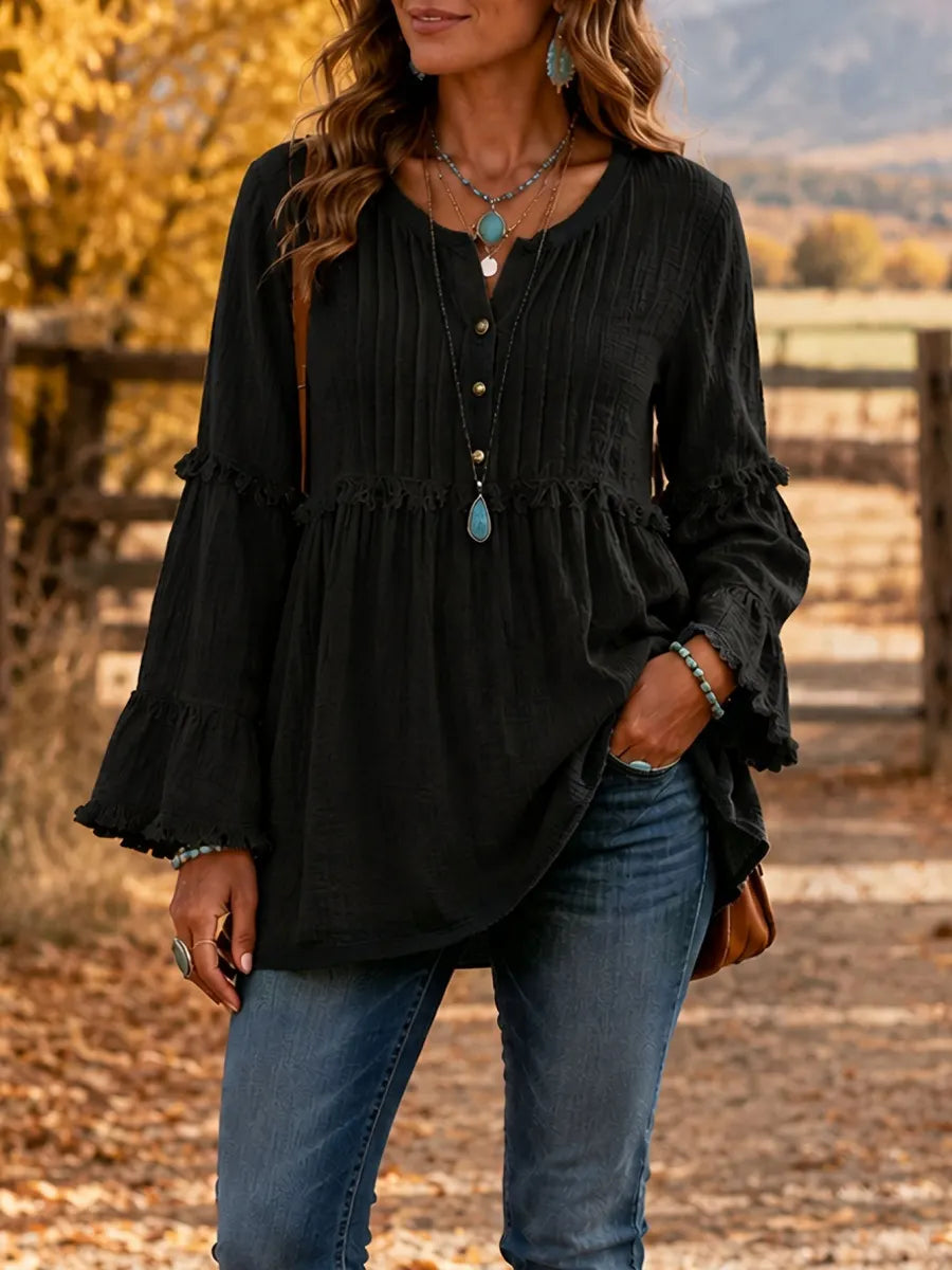 Women'S Casual Solid-Color Long-Sleeve Top, V-Neck, Pleated Design, Cotton-Linen Blend