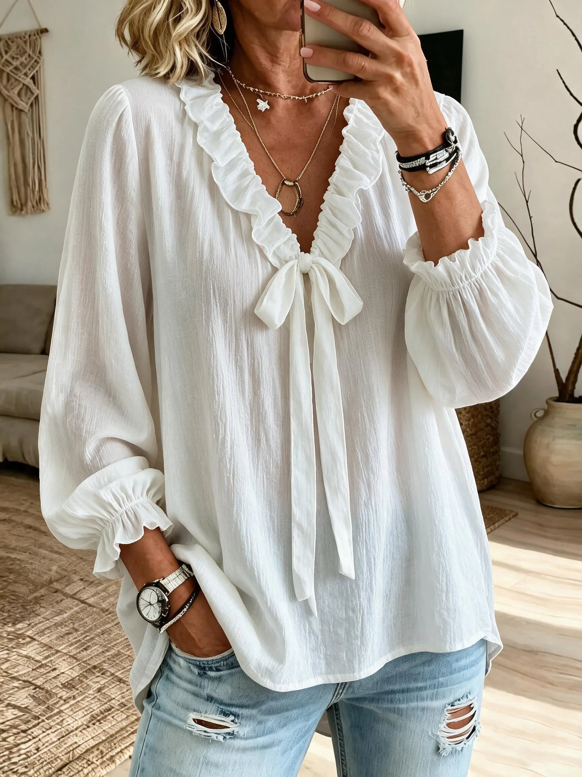 Women'S White Shirt With A Tie-Neck And Ruffle Details