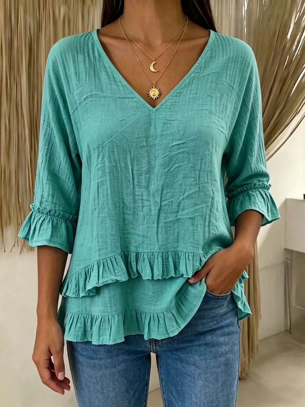 Women's V-Neck Cotton-Linen Top with Ruffled Hem
