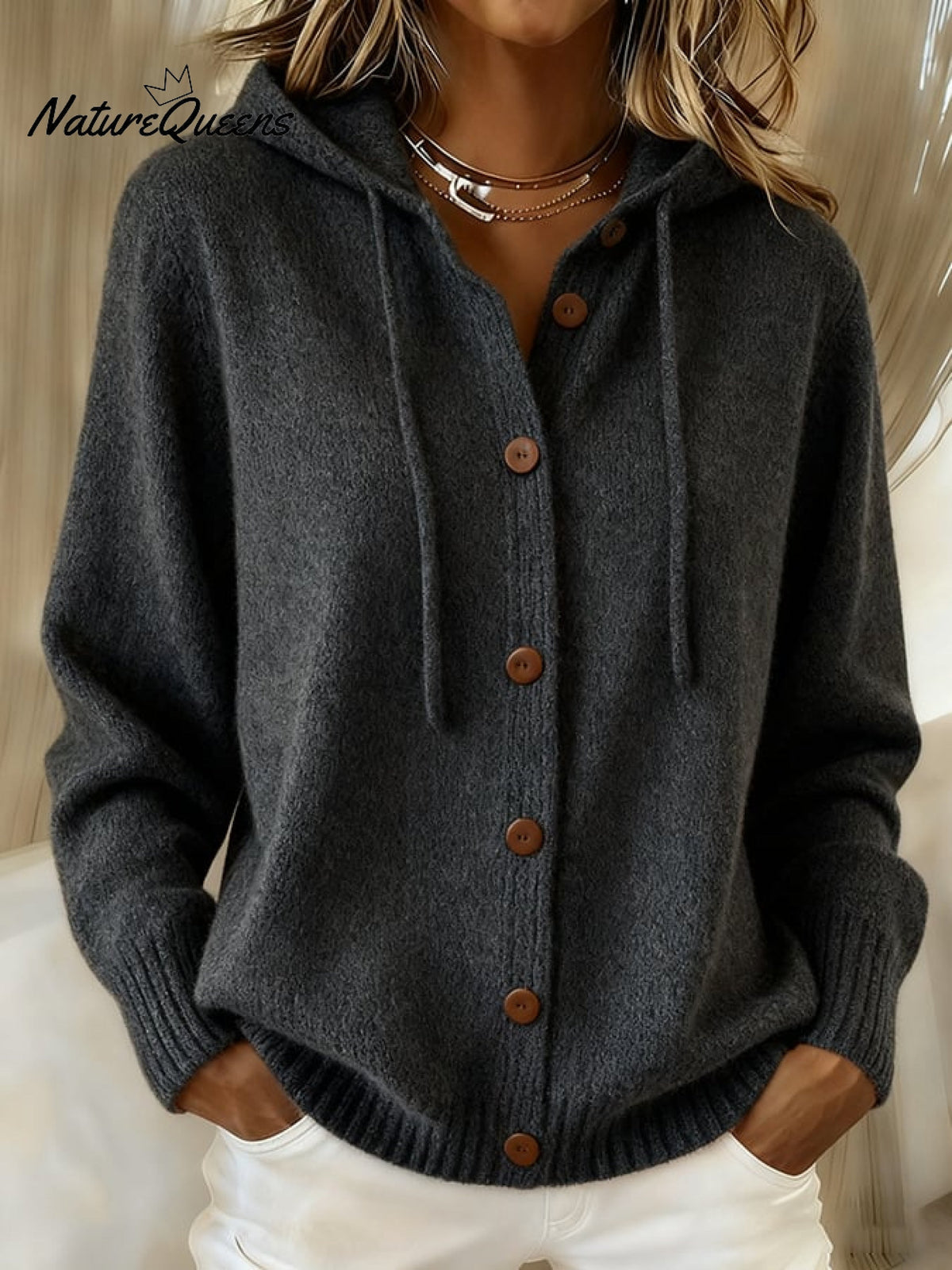 Women's Casual Retro Solid Color Knitted Hooded Cardigan