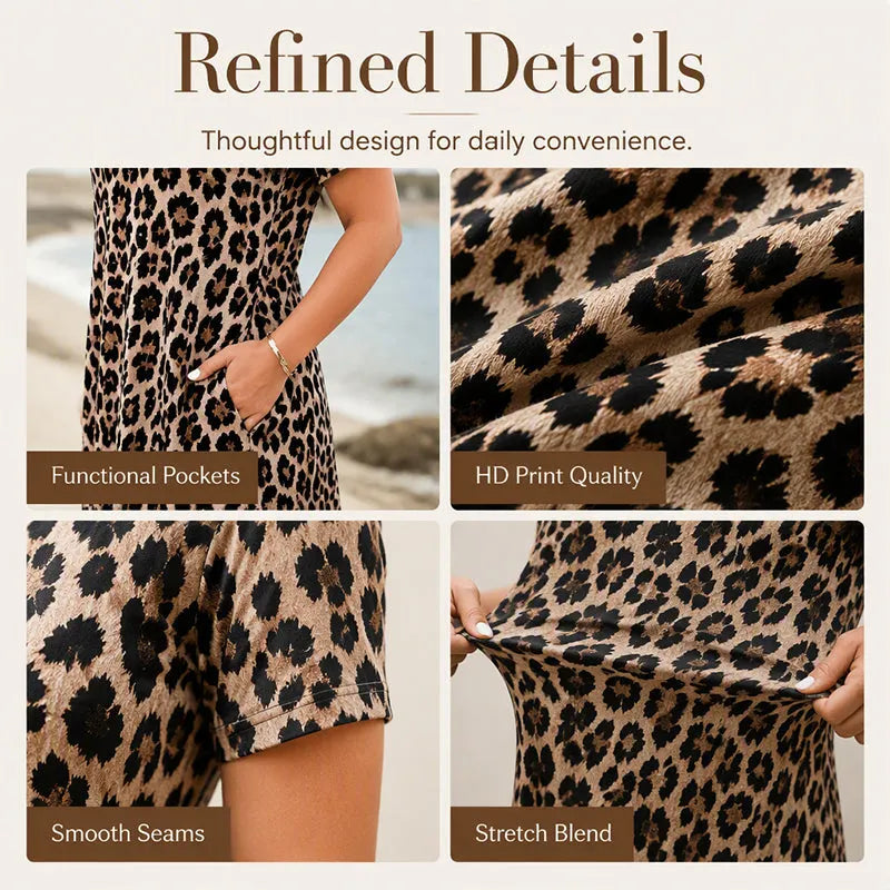 Women’s Leopard Print Maxi Dress with Pockets - Casual Short Sleeve Long Dress