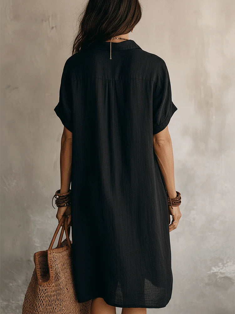 Modern Boho Effortless Black Linen Relaxed Midi Dress