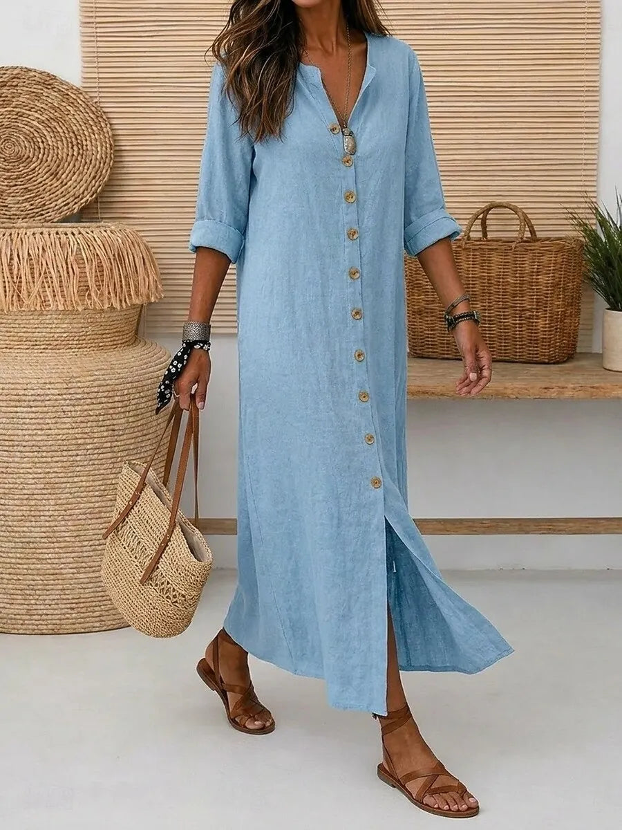 Women'S Vintage Long Sleeve V Neck Slant Pocket Button Front Linen Maxi Dress