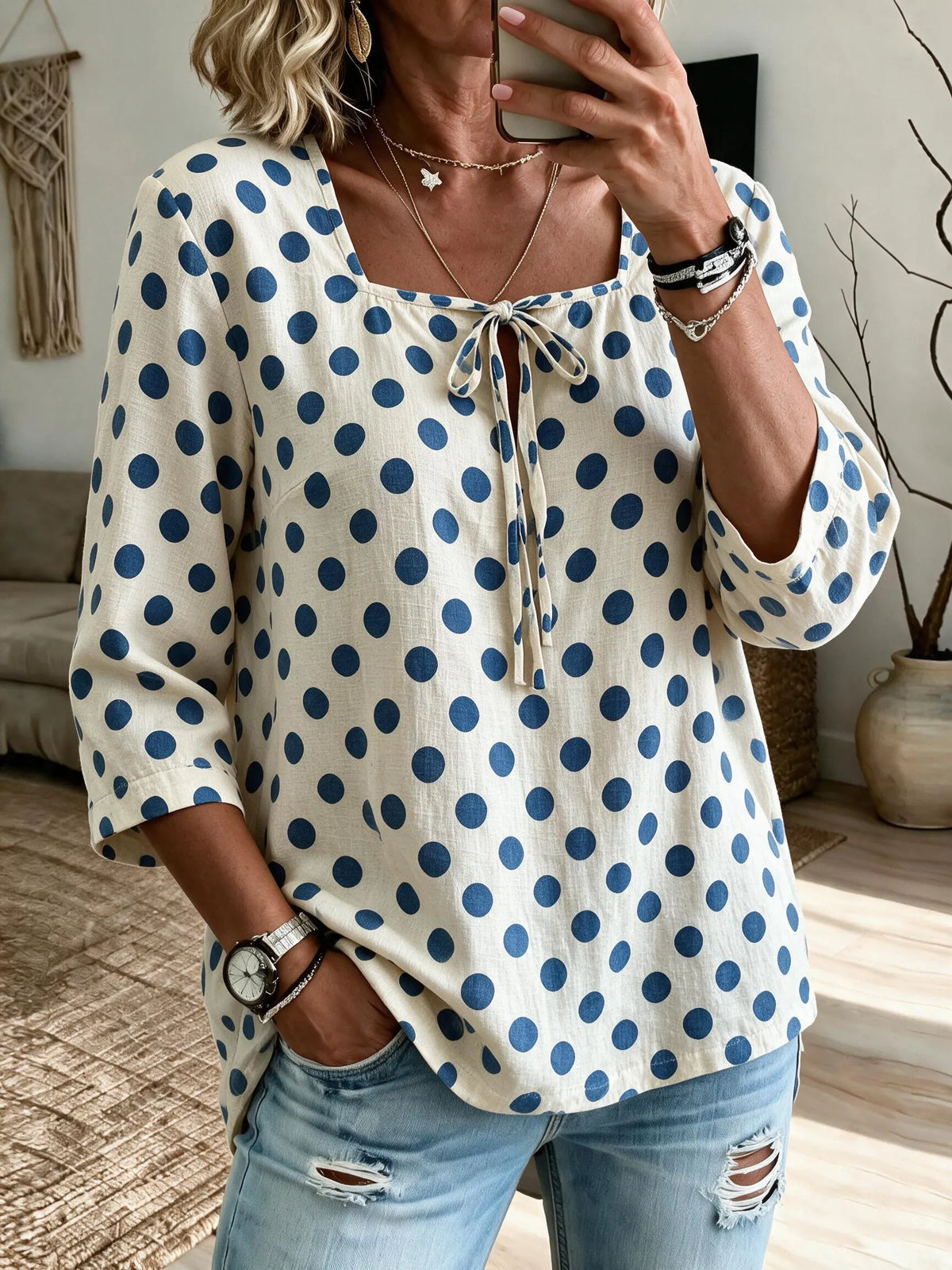 Women'S Loose-Fit 3/4 Sleeve Top With Square Neck And Vintage Polka-Dot Print