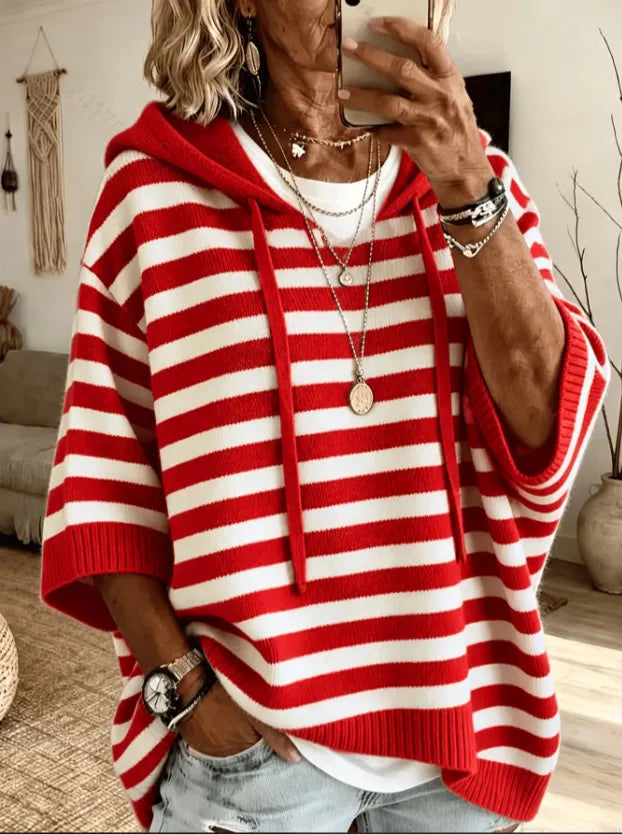 Women's Loose-Fit Stripe Knitted Hoodie With Drawstring
