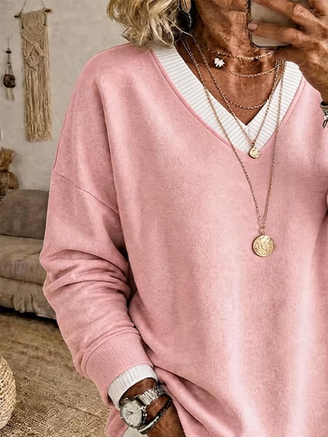 Women'S V-Neck Color-Block Faux-Layered Sweatshirt