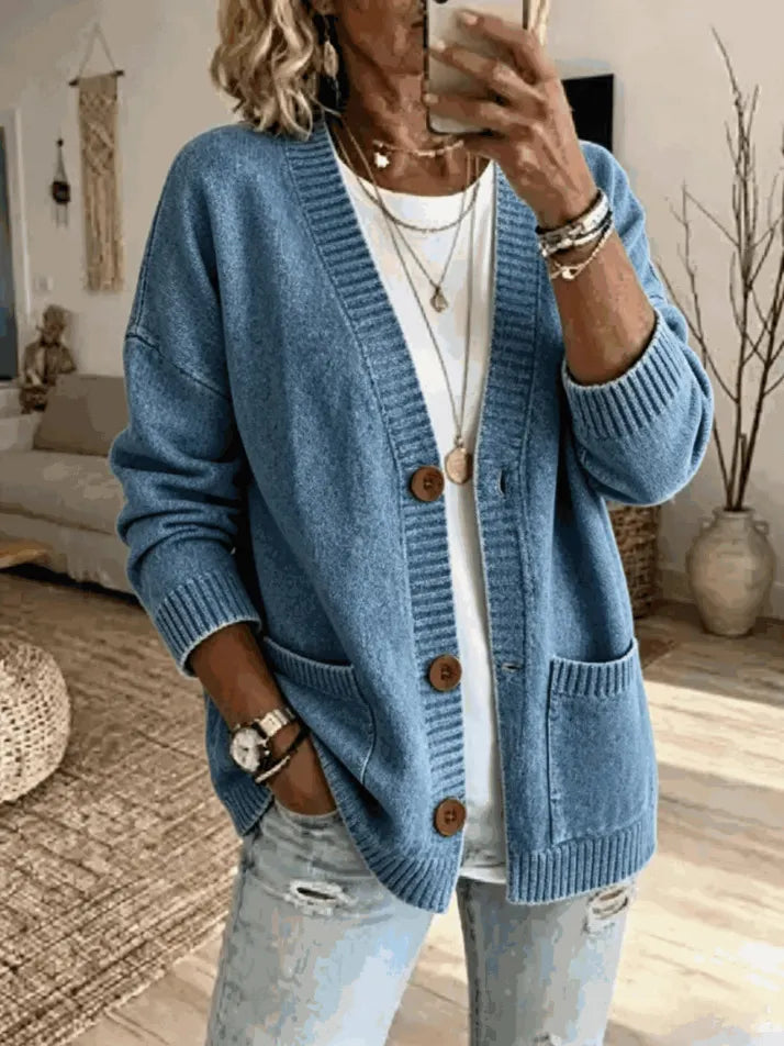 Women'S V-Neck Long-Sleeve Cardigan Sweater With Pockets