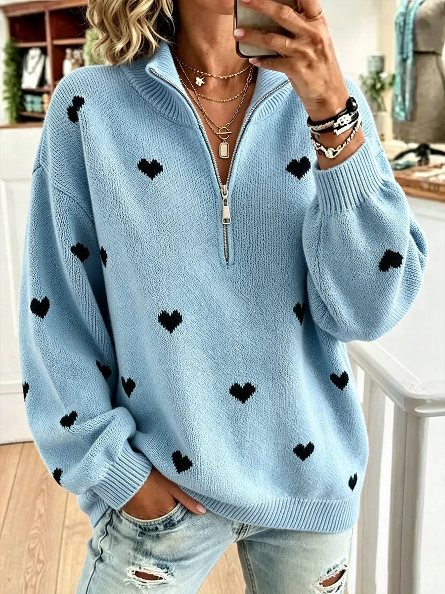 Women'S Cozy Half-zip Knit Pullover With Heart Pattern