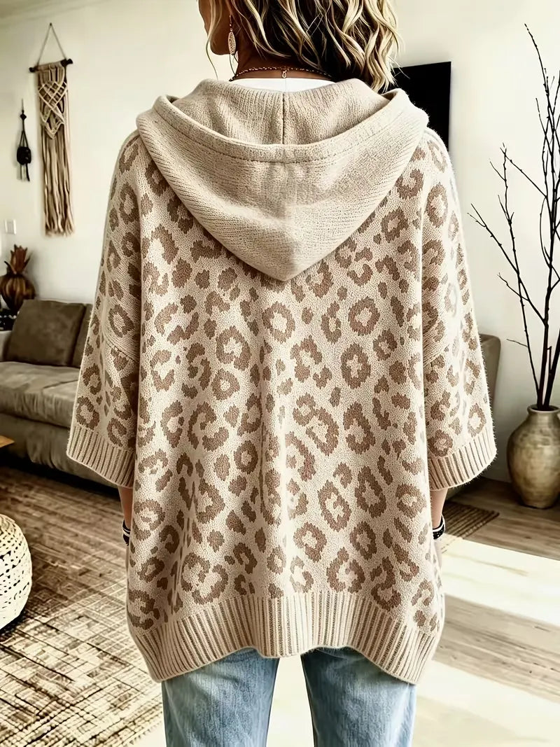 Women's Loose-Fit Leopard Print Knitted Hoodie With Drawstring