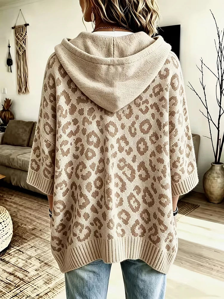 Women's Loose-Fit Leopard Print Knitted Hoodie With Drawstring