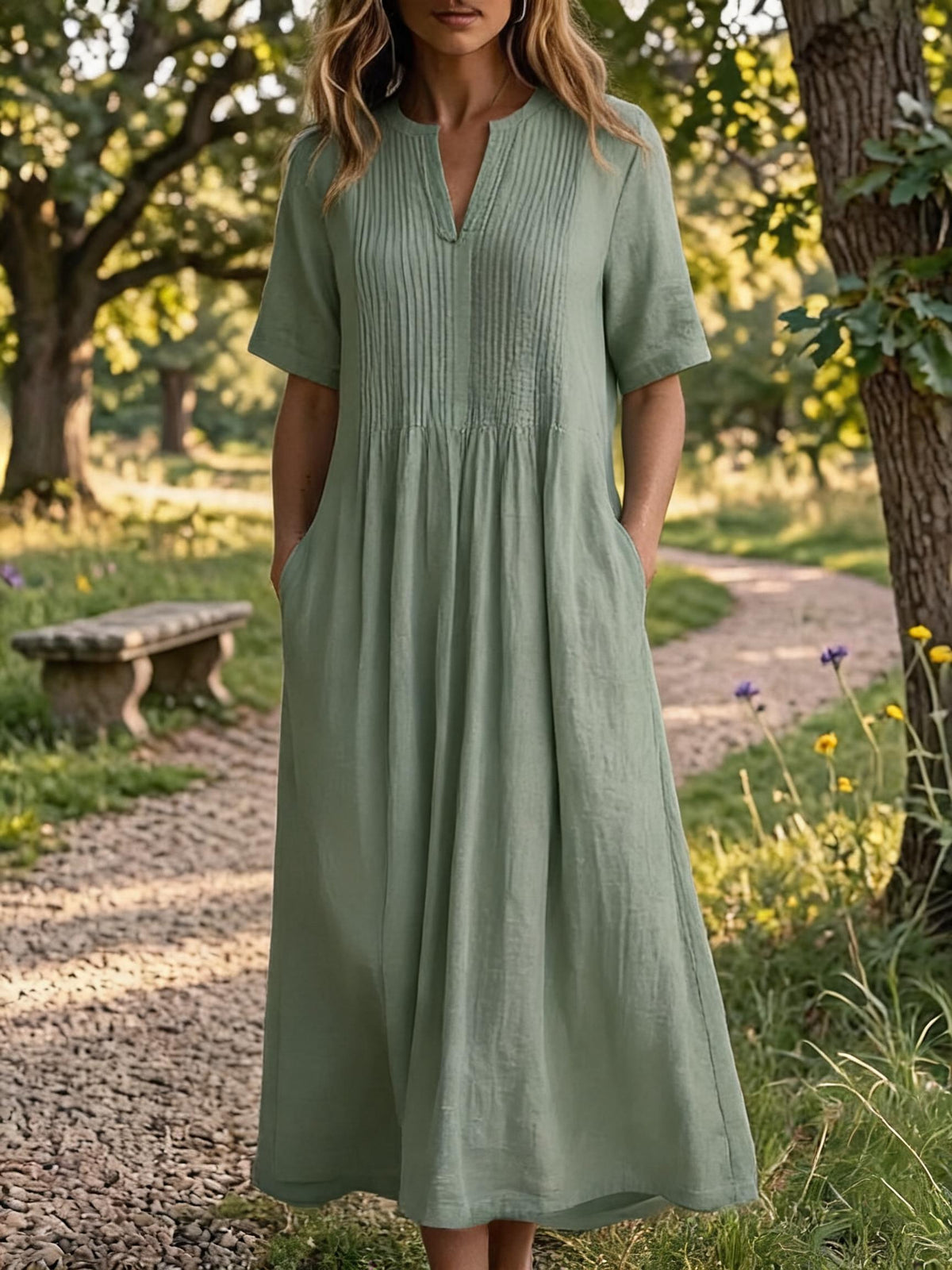 🔥 Women'S V-Neck Short-Sleeved Pleated Cotton-Linen Dress