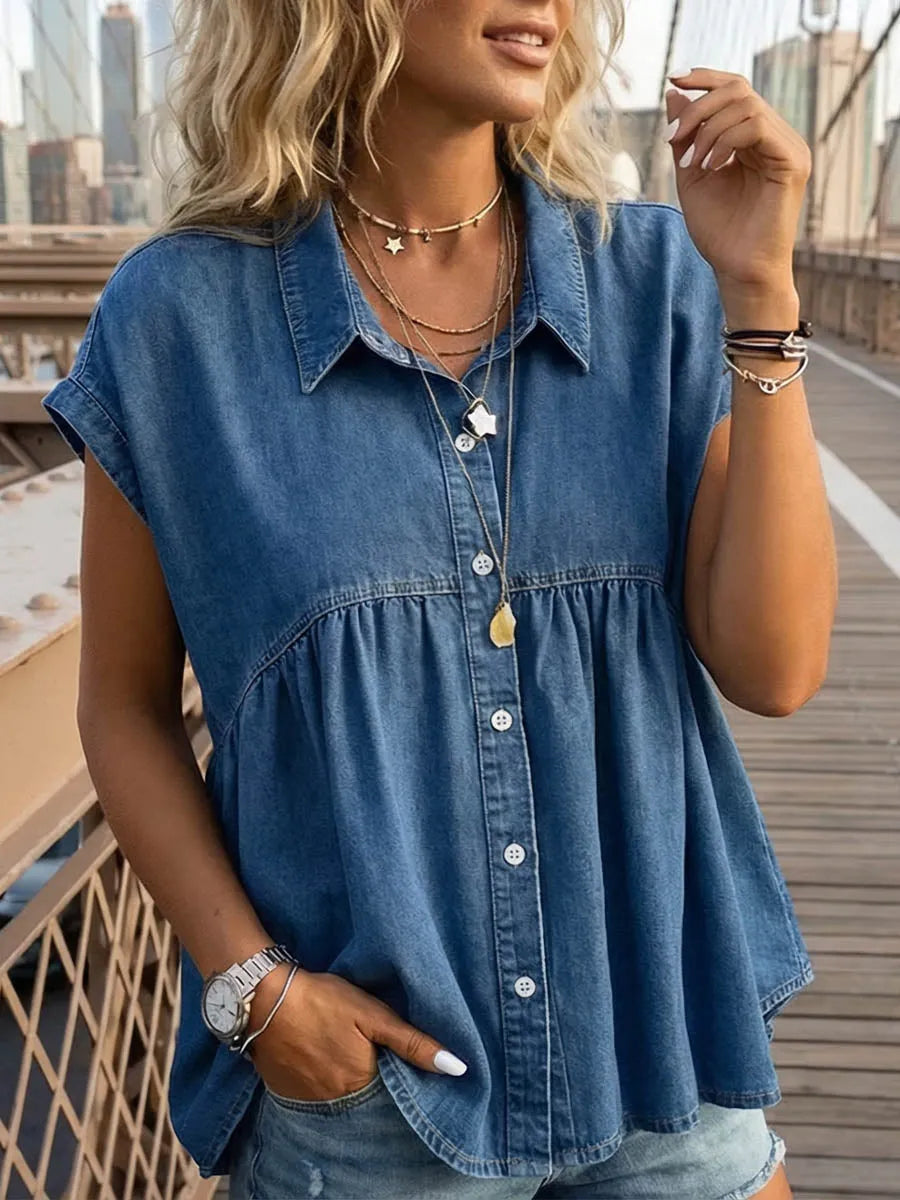 Women's Lapel Short-sleeved Casual Loose Denim Shirt