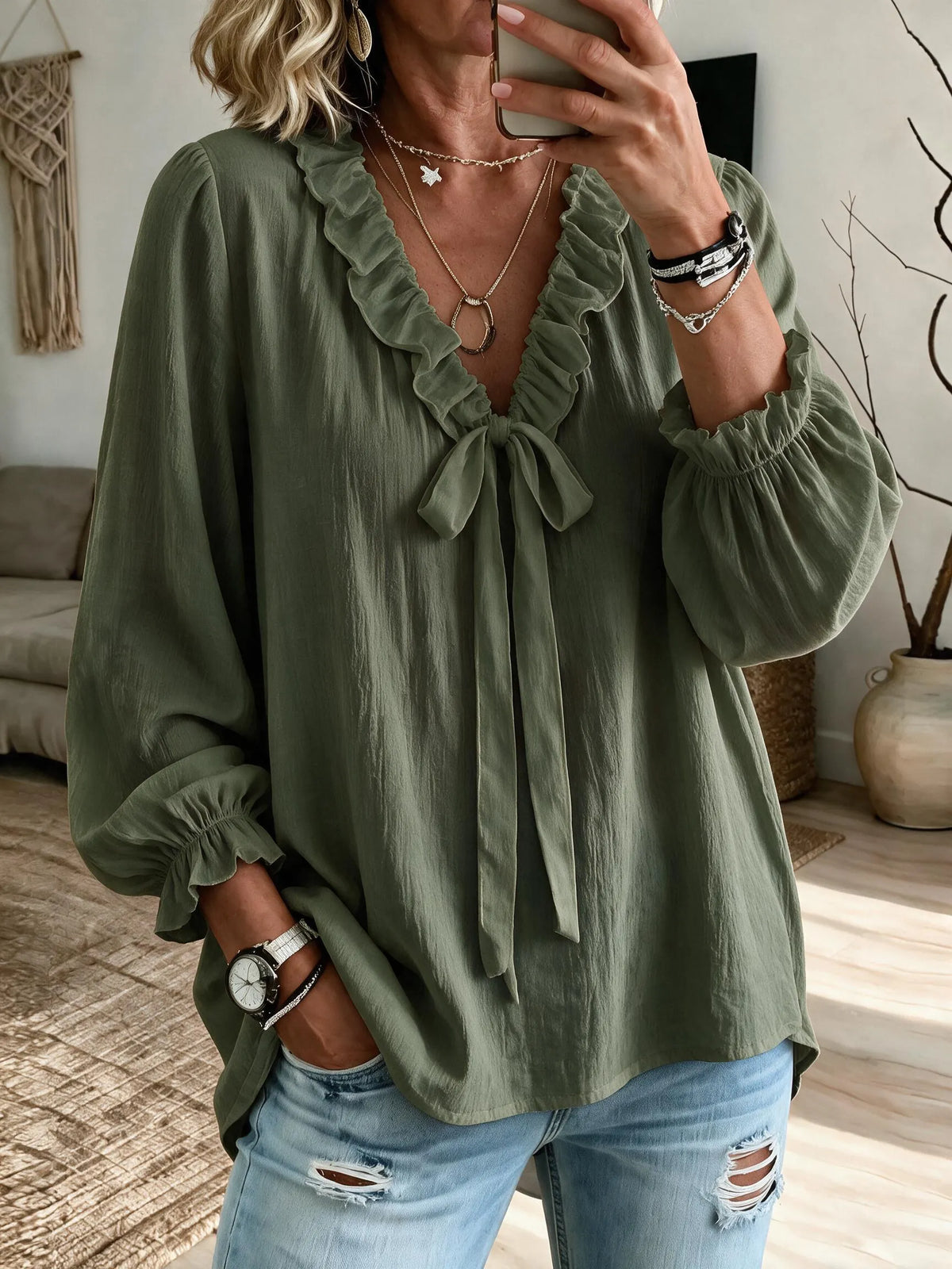 Women'S White Shirt With A Tie-Neck And Ruffle Details