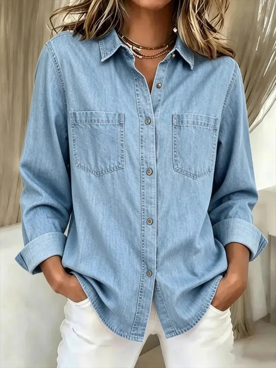 Women'S Denim Casual Shawl Collar Plain Shirt