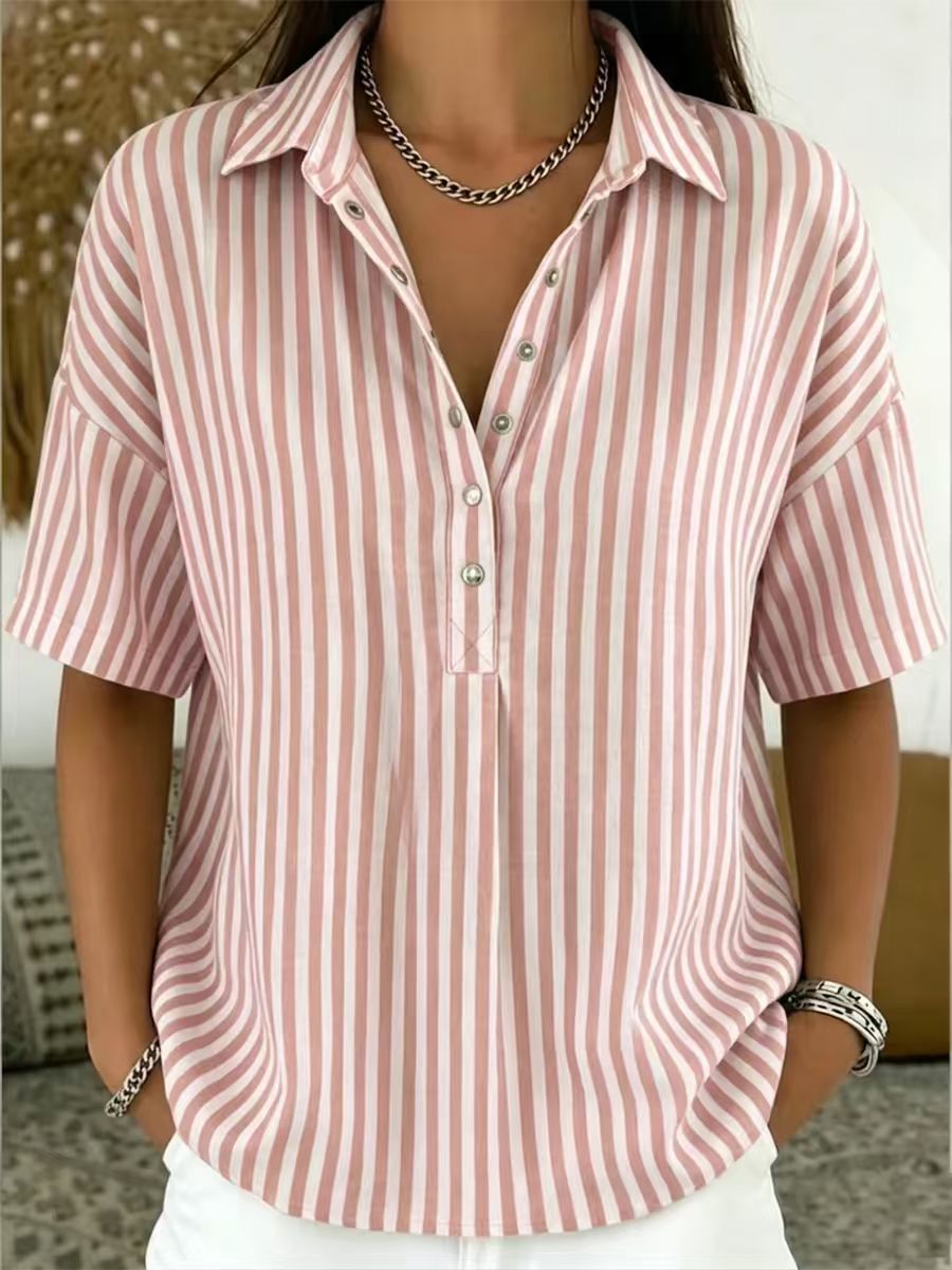 Women‘s Casual Striped Polo Collar Snap Buttons Cotton-linen Shirt
