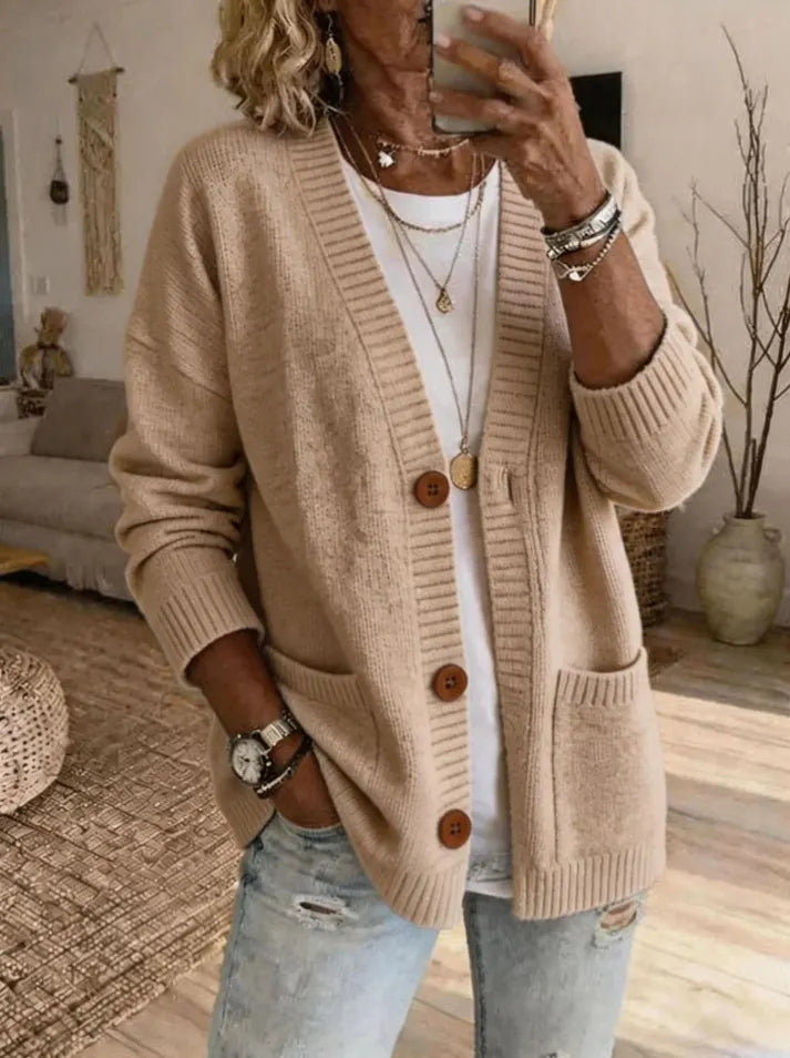 Women'S V-Neck Long-Sleeve Cardigan Sweater With Pockets
