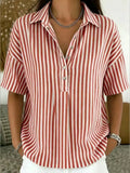 Women‘s Casual Striped Polo Collar Snap Buttons Cotton-linen Shirt