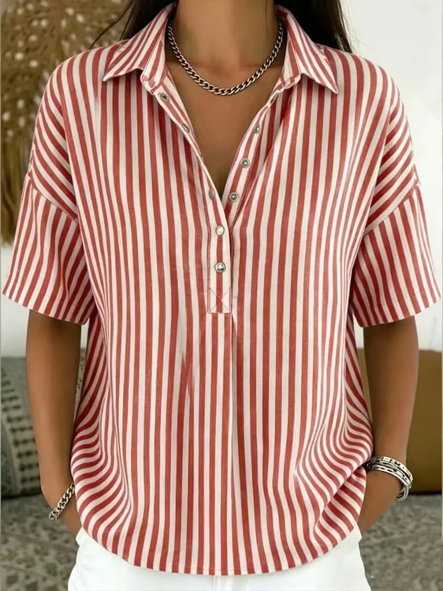 Women‘s Casual Striped Polo Collar Snap Buttons Cotton-linen Shirt