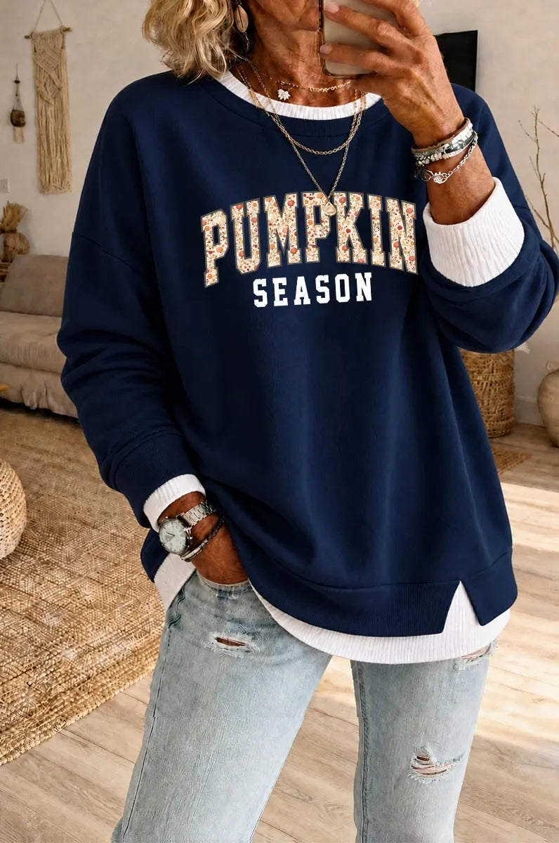 Women's Pumpkin Season Pattern  Fake Two Piece Layered Sweatshirt